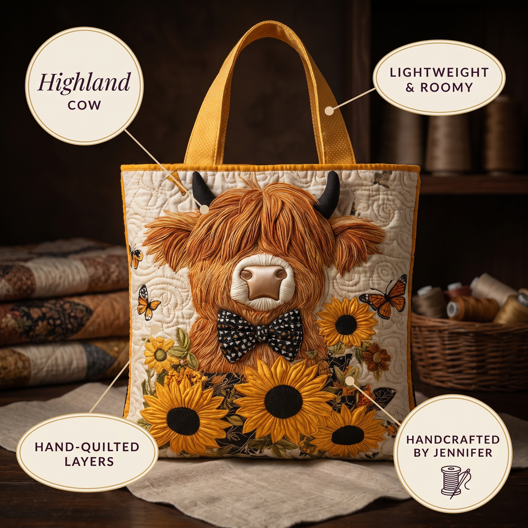 Quilted Bag - Highland Cow with Sunflowers — details