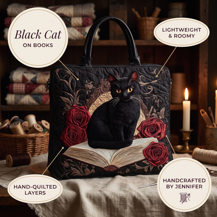 Quilted Artisan Bag - Black Cat on Books — details