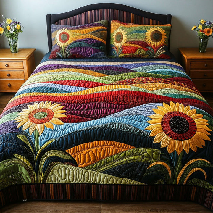 Sunflower Landscape 3-Piece Quilted Bedding Set