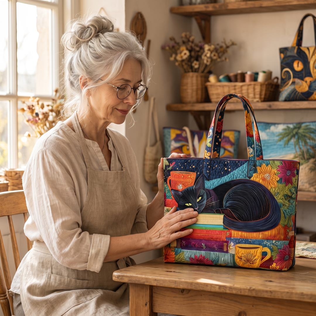 Artisan Bag - Black Cat with Books and Mugs — handcrafted by Jennifer