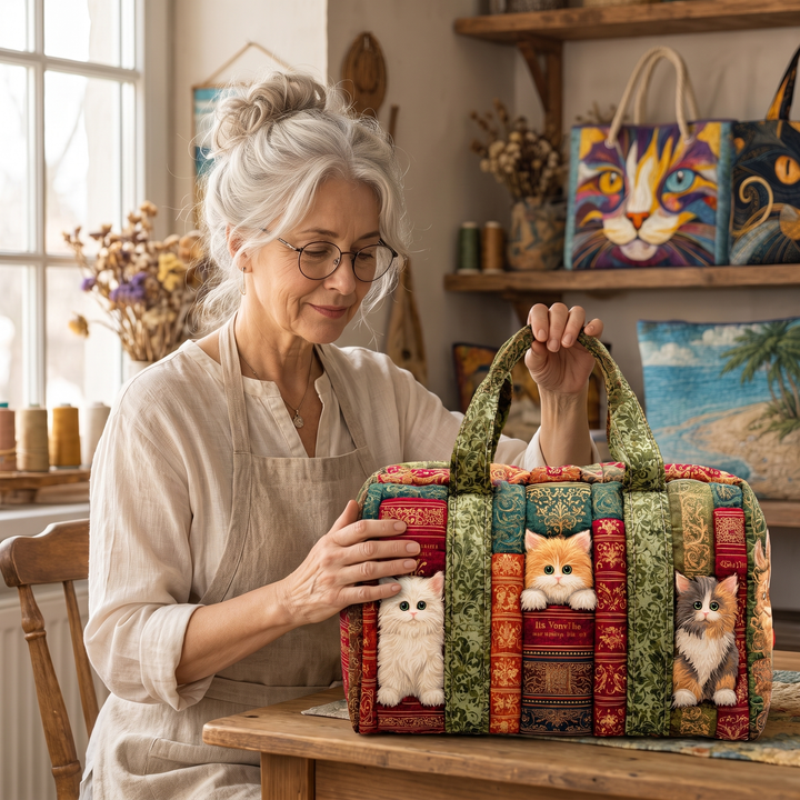 Cat Chapter Quilted Duffle Bag — handcrafted by Jennifer