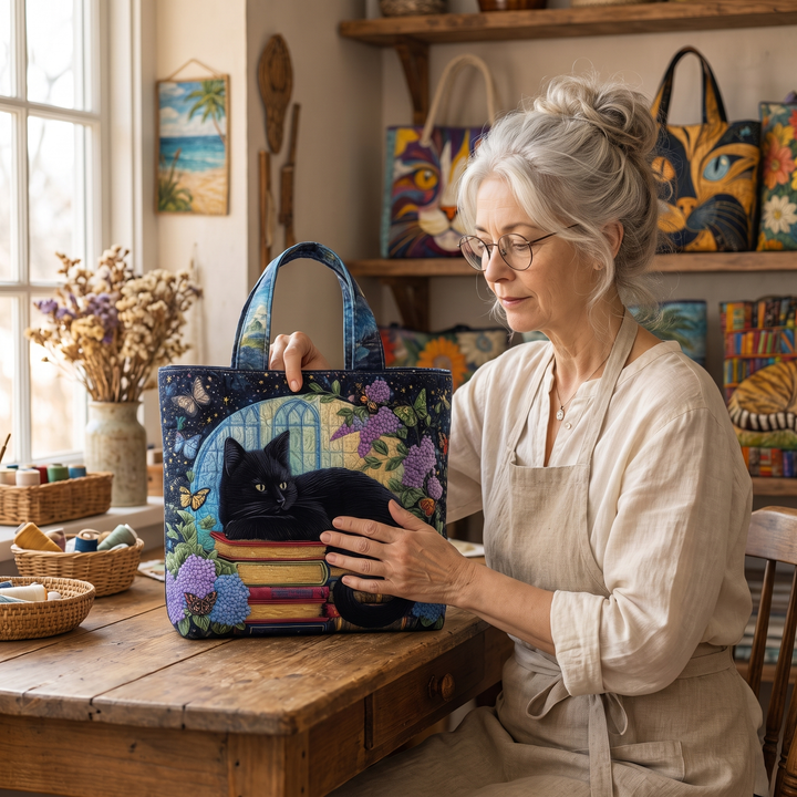 Artisanal Bag - Black Cat on Books — handcrafted by Jennifer