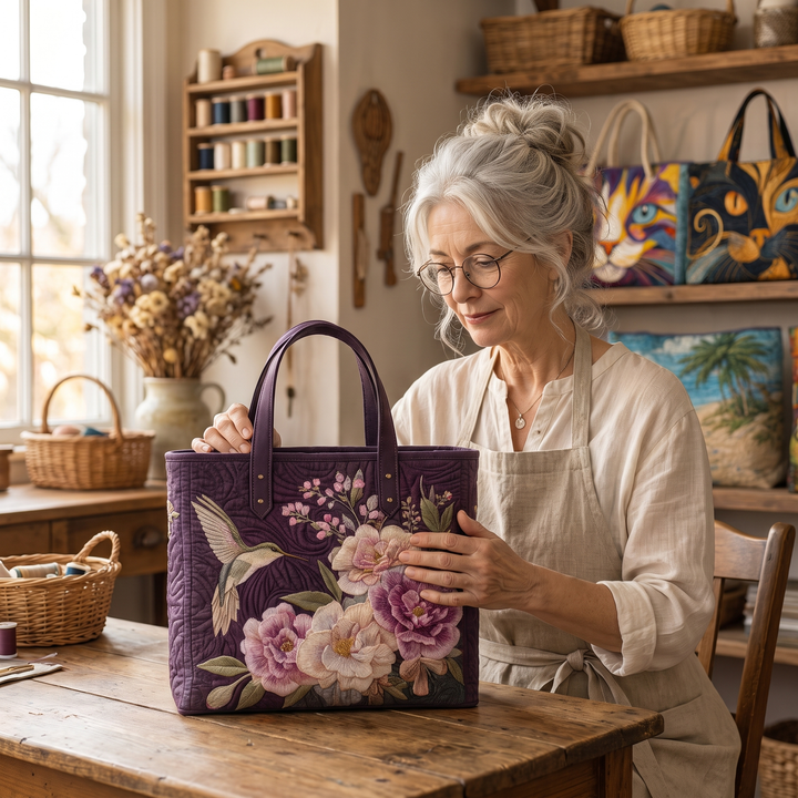Artisanal Quilted Bag - Hummingbirds and Orchids — handcrafted by Jennifer