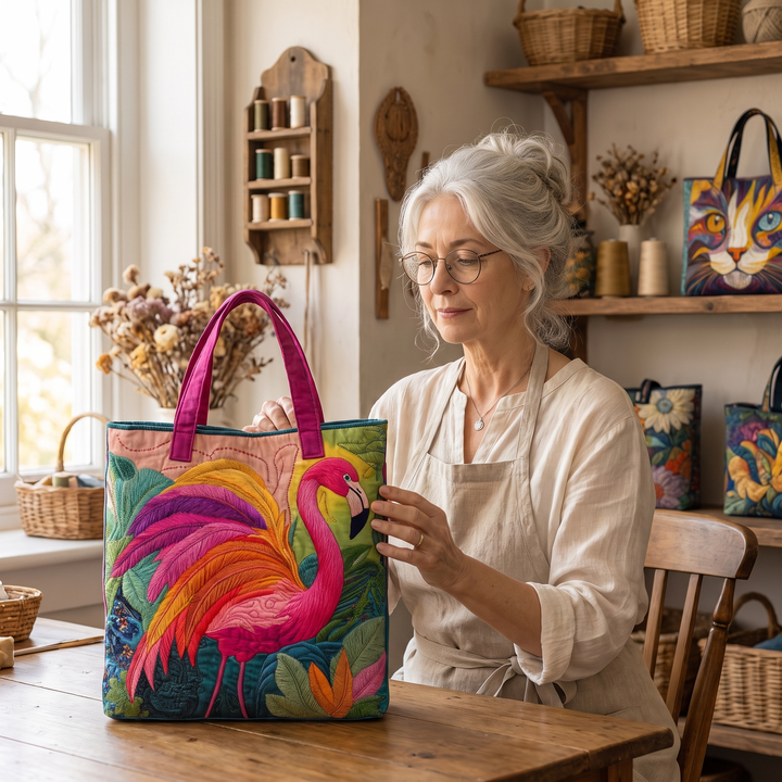 Quilted Tote Bag - Rainbow Flamingo — handcrafted by Jennifer
