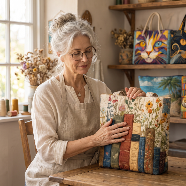 Artisan Quilted Bag - Books and Flowers — handcrafted by Jennifer