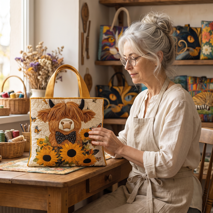 Quilted Bag - Highland Cow with Sunflowers — handcrafted by Jennifer