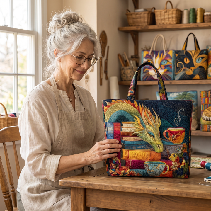 Artisan Bag - Dragon Reader with Books and Mugs — handcrafted by Jennifer
