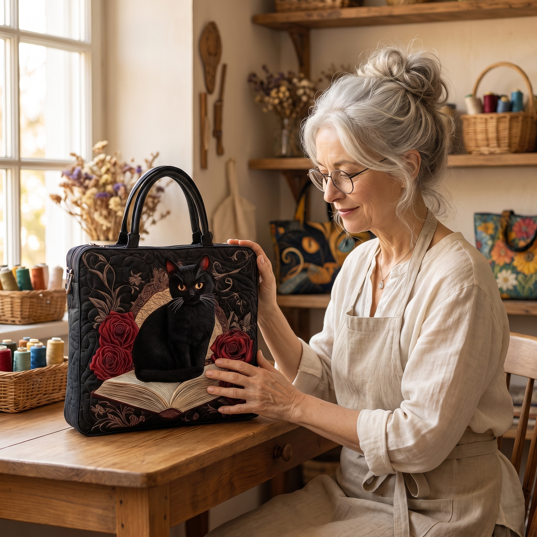Quilted Artisan Bag - Black Cat on Books — handcrafted by Jennifer
