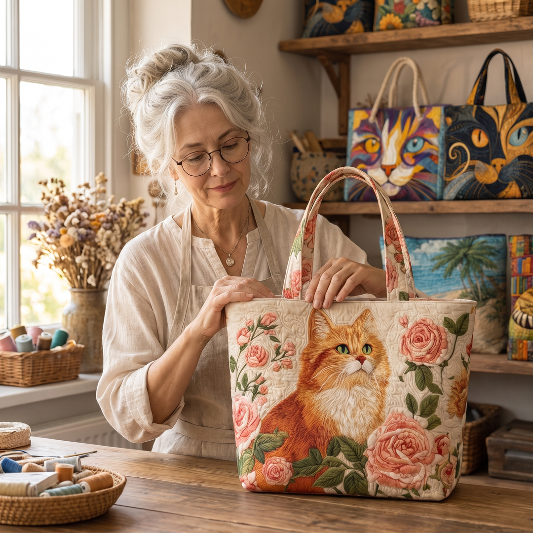 Artisan Bag - Orange Cat with Roses — handcrafted by Jennifer