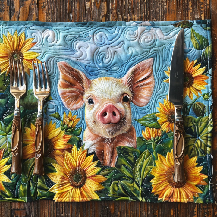 Lovely Pig Sunflowers Quilted Placemat