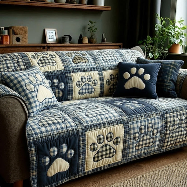 Navy Gingham Love Paw Quilted Sofa Cover