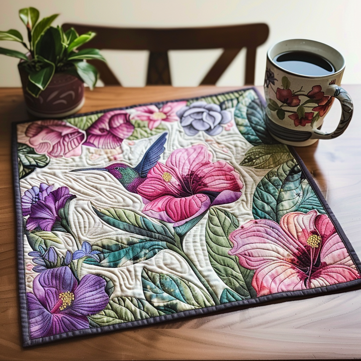 Purple Hummingbird Flowers Quilted Placemat