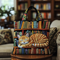 Cat Loves Books Quilted Tote Bag