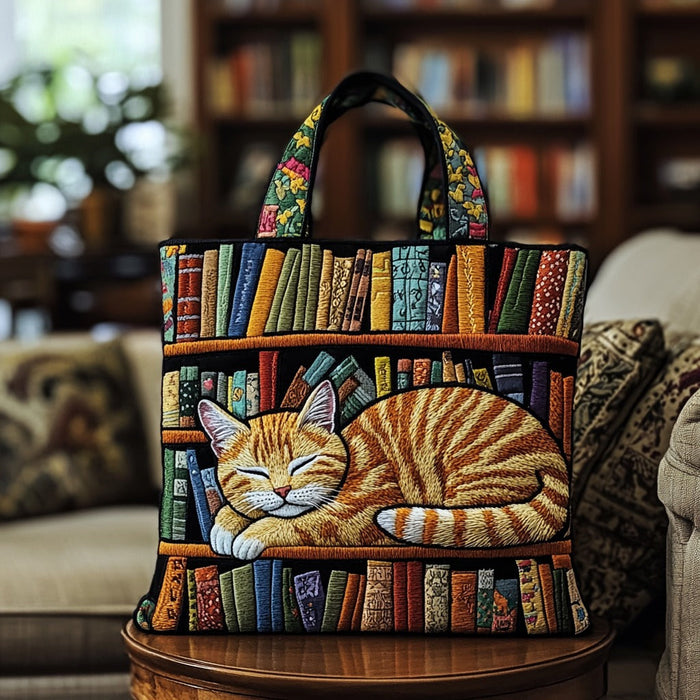 Cat Loves Books Quilted Tote Bag