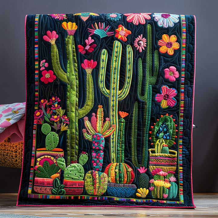 Blooming Cactus Vibrant Quilted Blanket