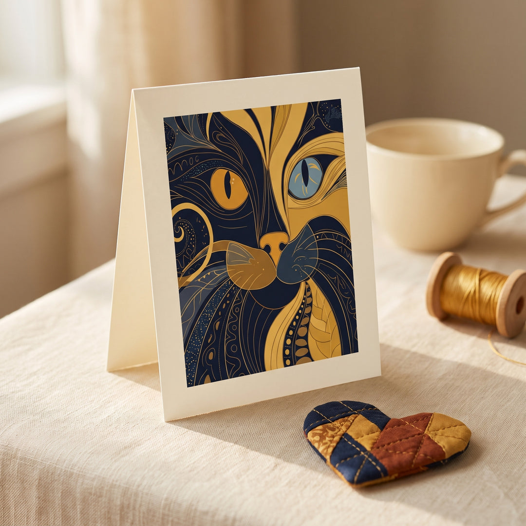 A folded thank-you card printed with the Mystic Cat quilted artwork, standing on cream linen beside a hand-quilted patchwork heart