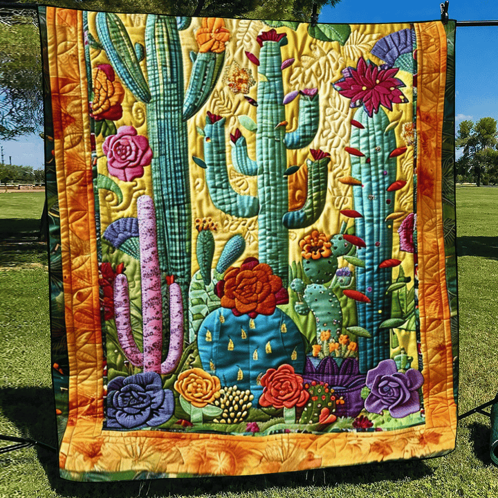 Desert Cactus Blooms Quilted Blanket